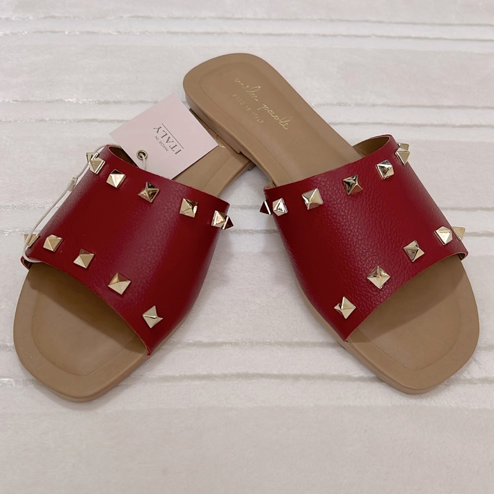 Made in Italy Red RockStud Leather Flat Slide Sandals